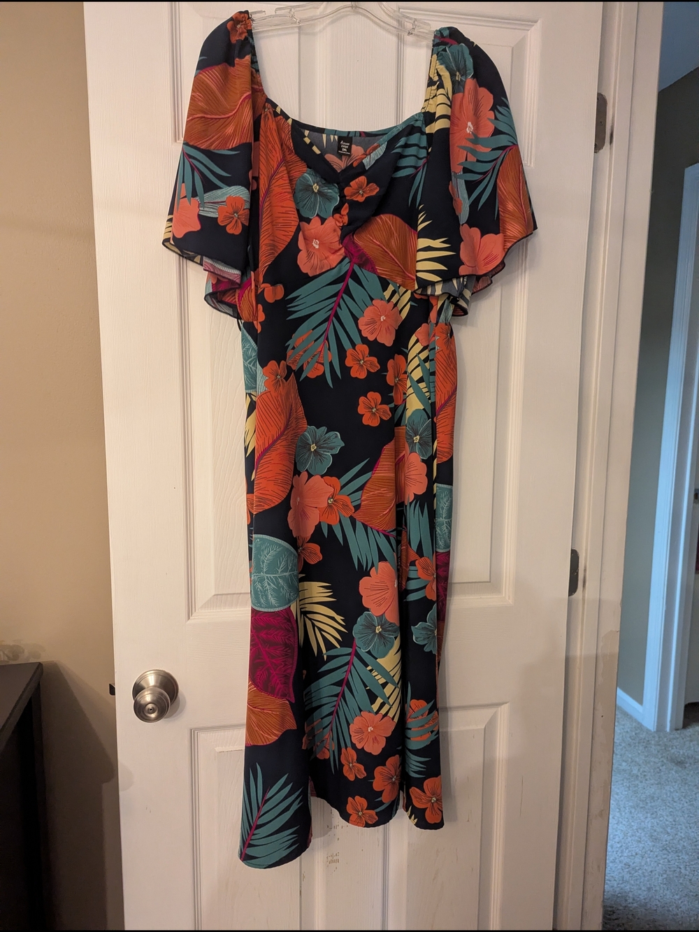 Women's Tropical Maxi Dress - Orange & Teal Floral With Flutter Sleeves. 2XL